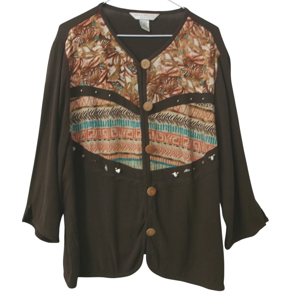 Napa Valley Woman Brown Floral Embroidered Button Front Cardigan Top 20W